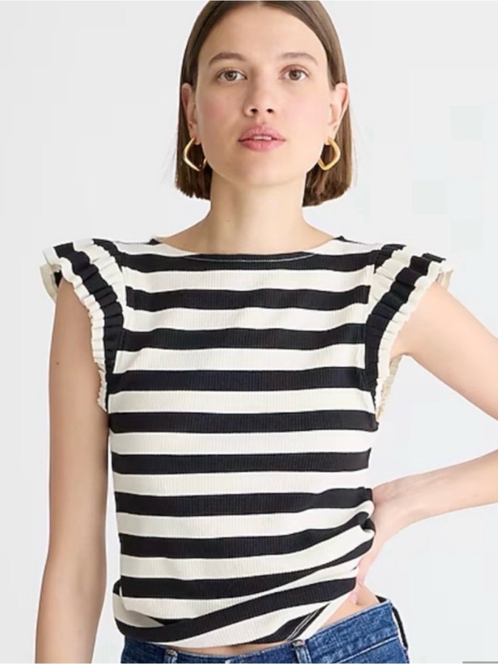J. Crew Black & Cream Ruffle Cap Sleeve Top